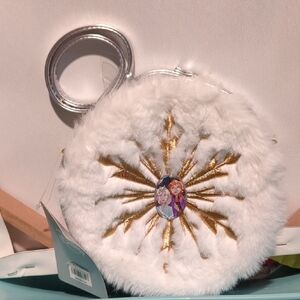 Disney White Faux Fur Round Mini Wristlet with Gold Snowflake Detail